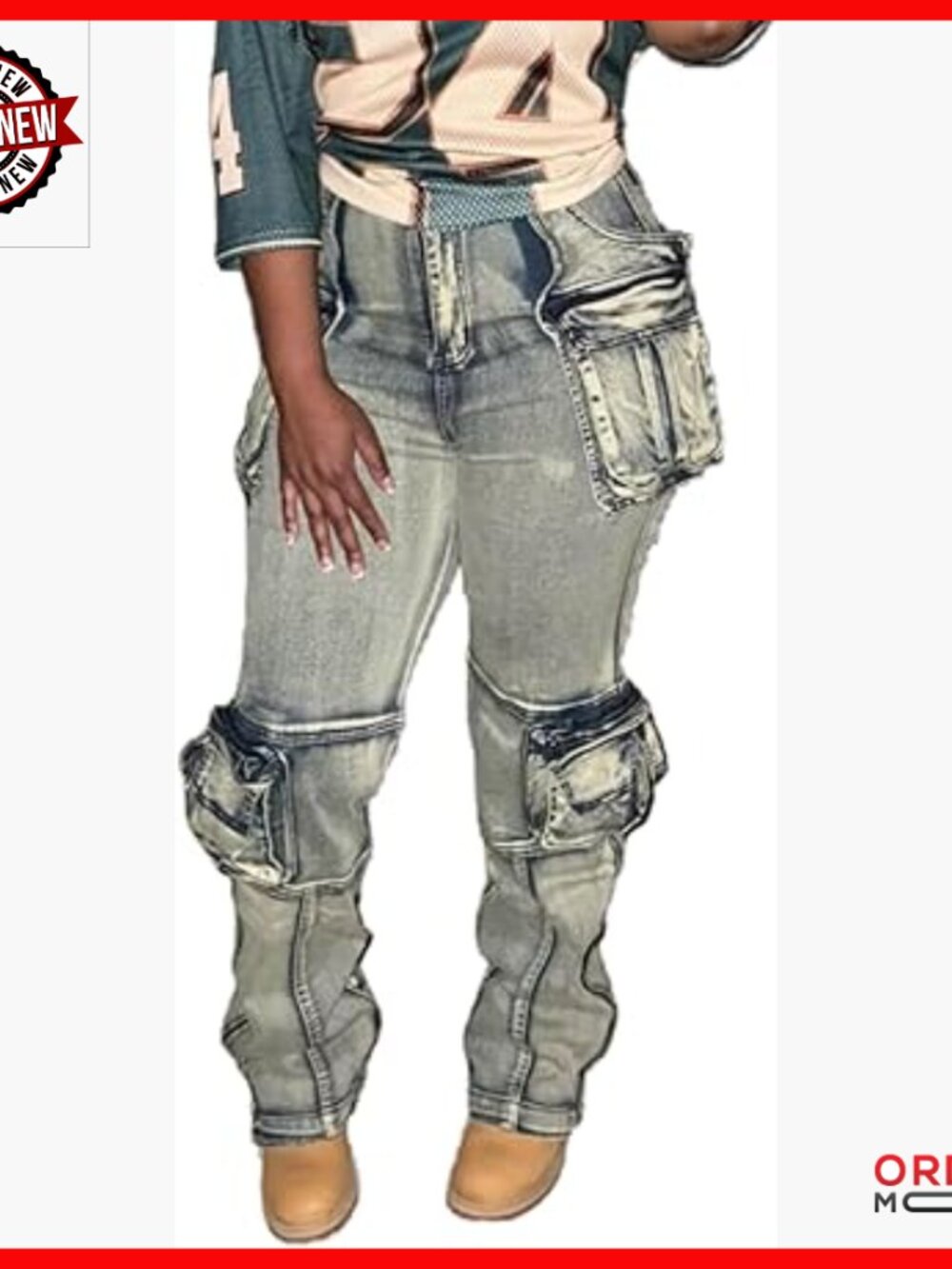 Stretch Cargo Jeans Straight Leg Side Zipper Slit Denim Pants with Pockets